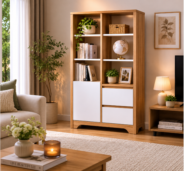 Nova Lima display unit, high cabinet,bookcase, Olmo,Branco
