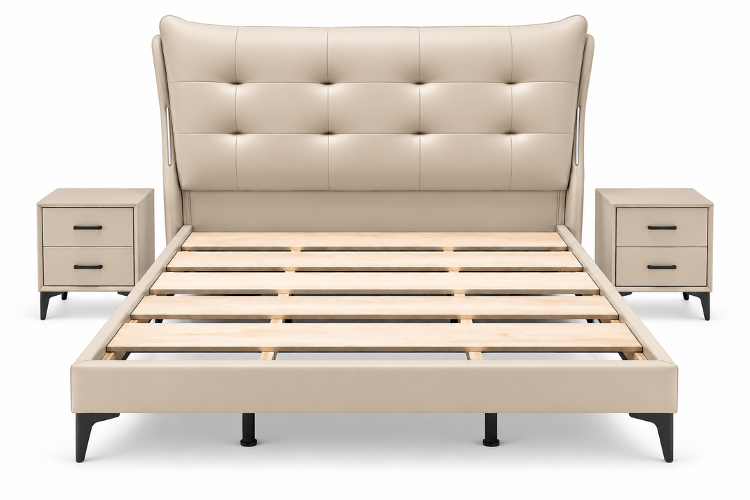 Yangyamshi Beige Queen Bed Combo – Bed + 2 Bedside Tables