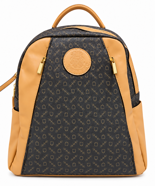 Women's dark brown patterned backpack with tan panels and gold-tone zips – 8269#