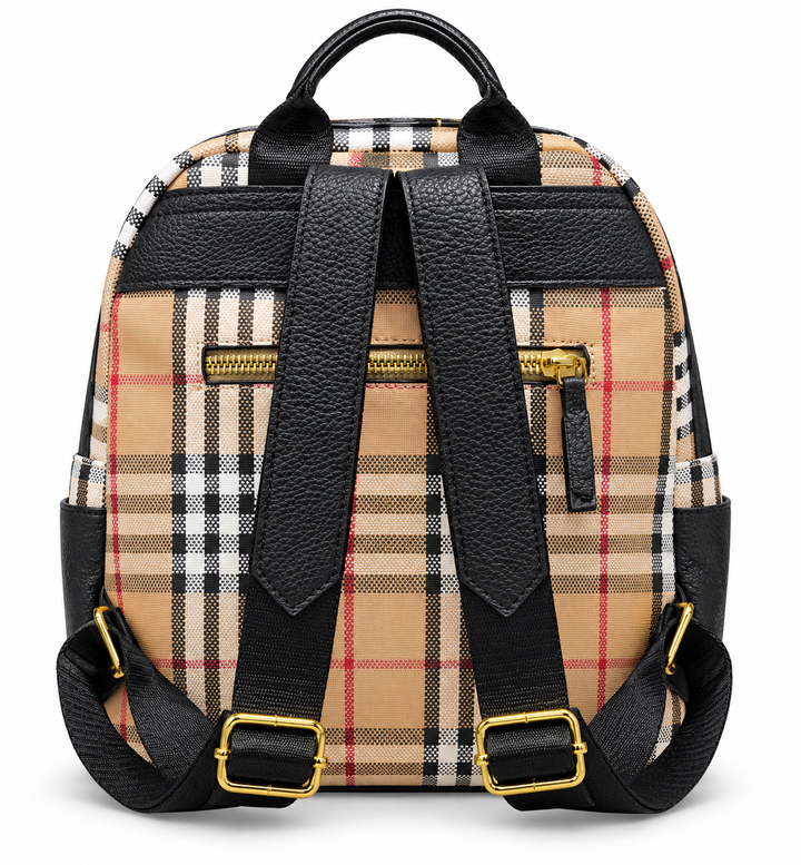 SKU 8785 beige plaid black backpack back view