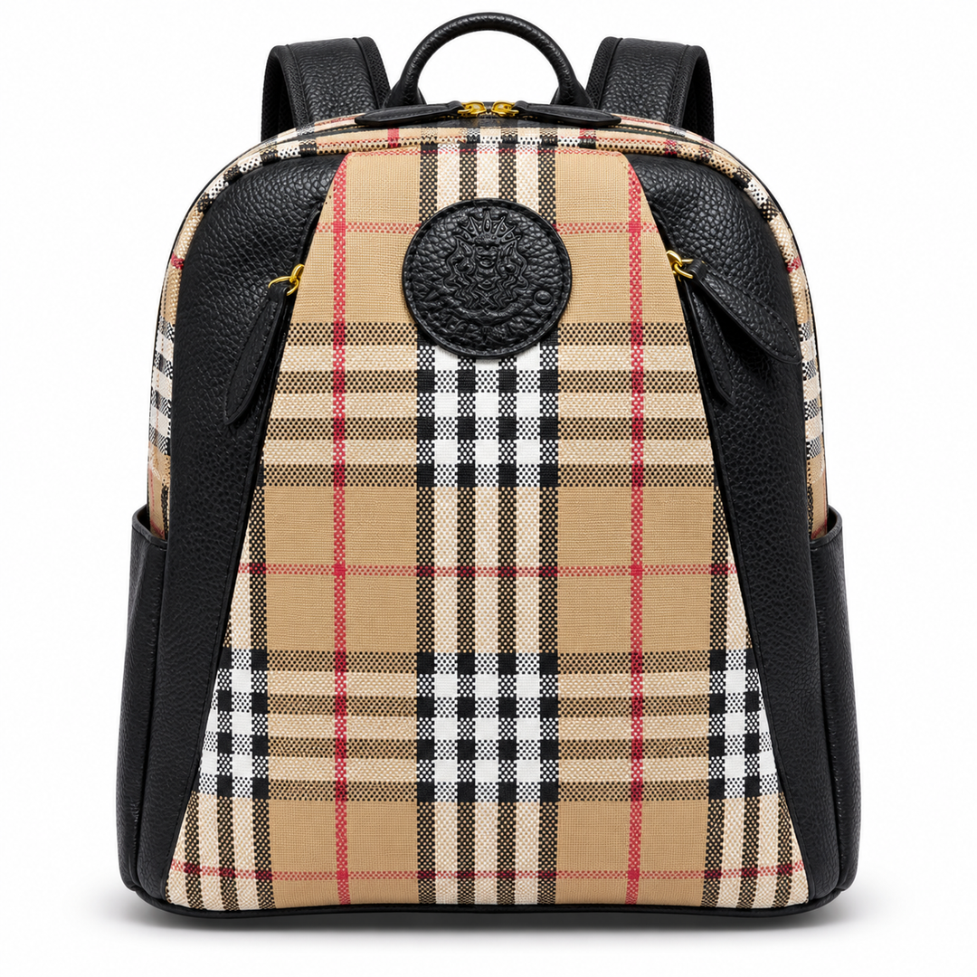 SKU 8785 beige plaid black backpack front view