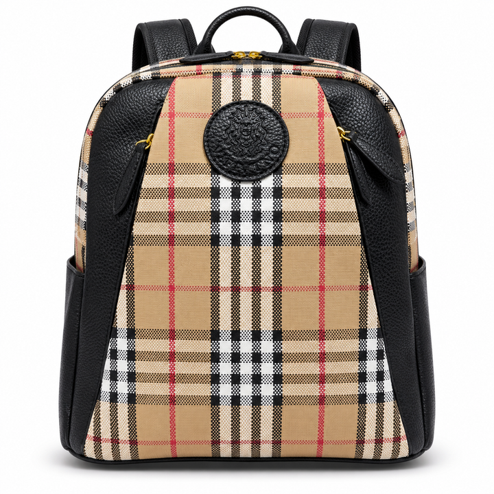 SKU 8785 beige plaid black backpack front view