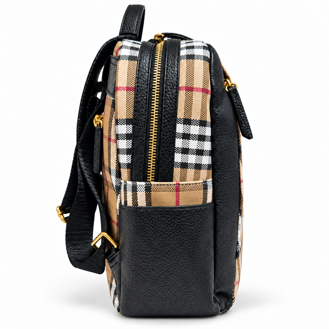 SKU 8785 beige plaid black backpack side view
