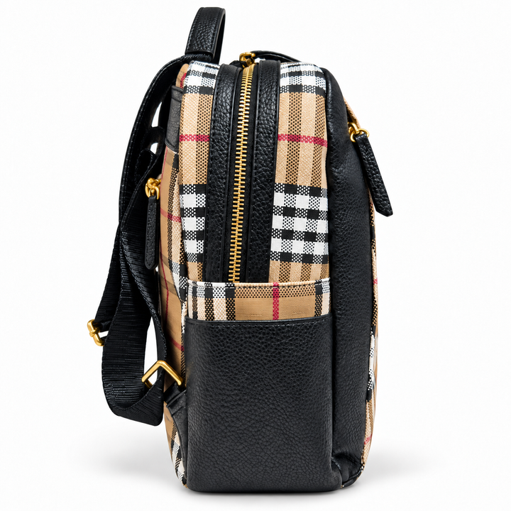 SKU 8785 beige plaid black backpack side view