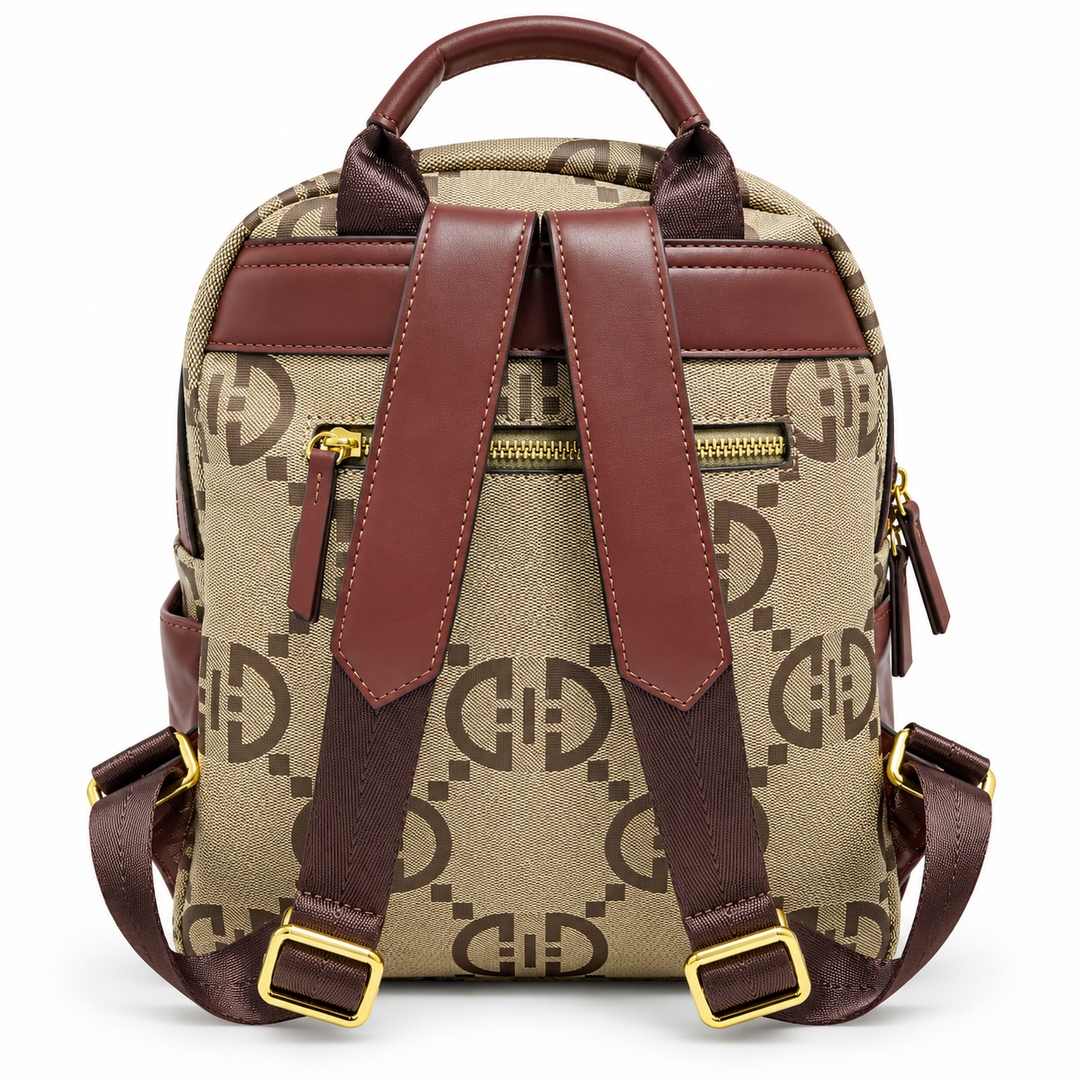 SKU 8786 patterned beige burgundy backpack rear view