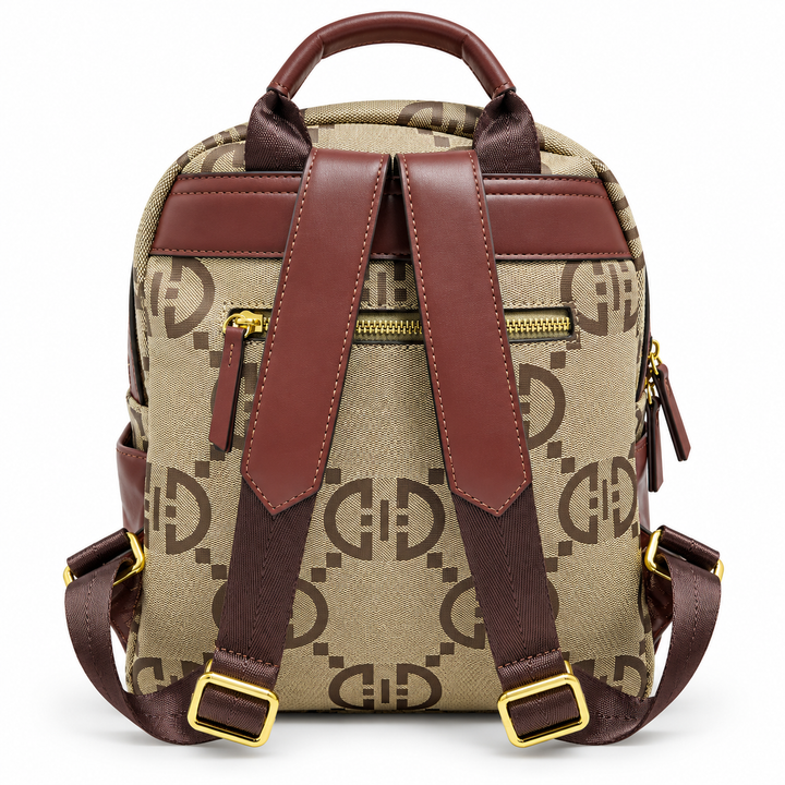 SKU 8786 patterned beige burgundy backpack rear view