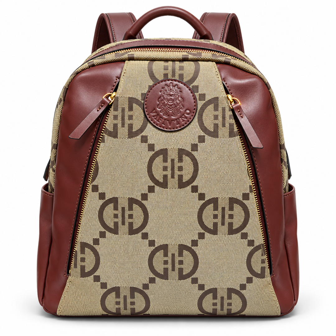 SKU 8786 patterned beige burgundy backpack front view