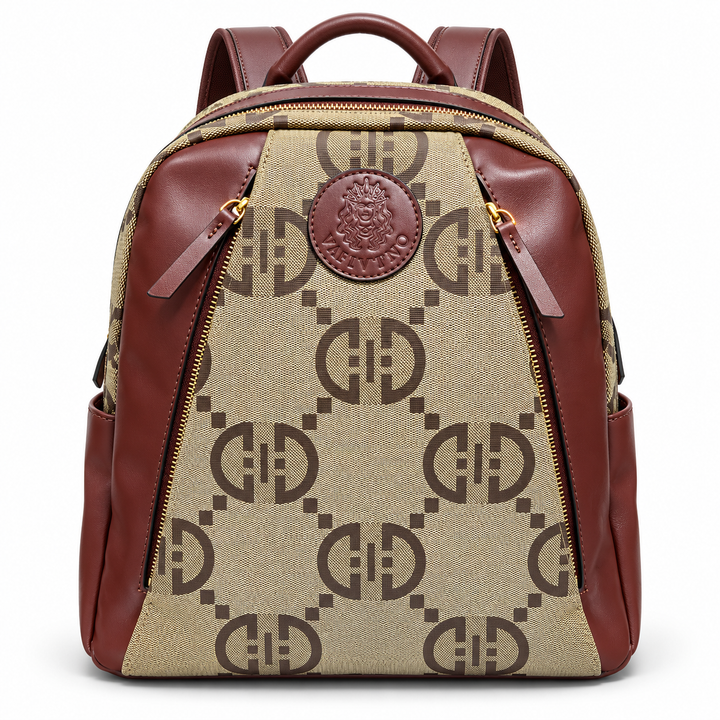 SKU 8786 patterned beige burgundy backpack front view