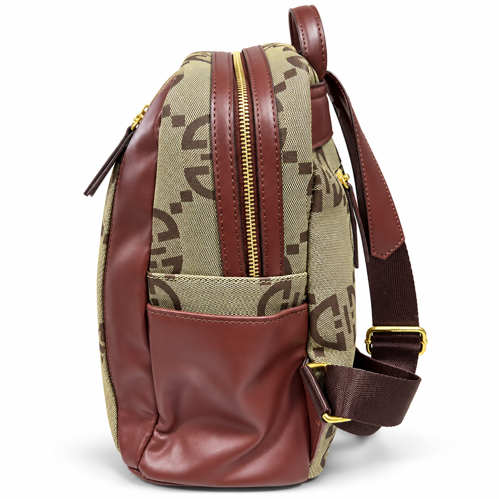 SKU 8786 patterned beige burgundy backpack side view