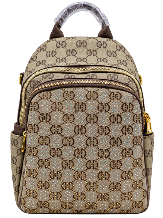 8791# beige patterned convertible backpack front view