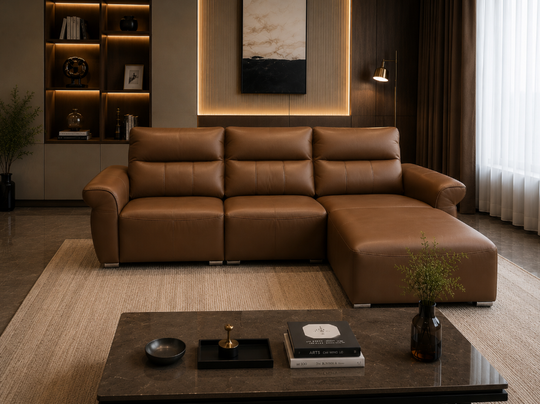Maharayam Recliner Sofa with Right Side Recliner and Ottoman ,Dark Brown