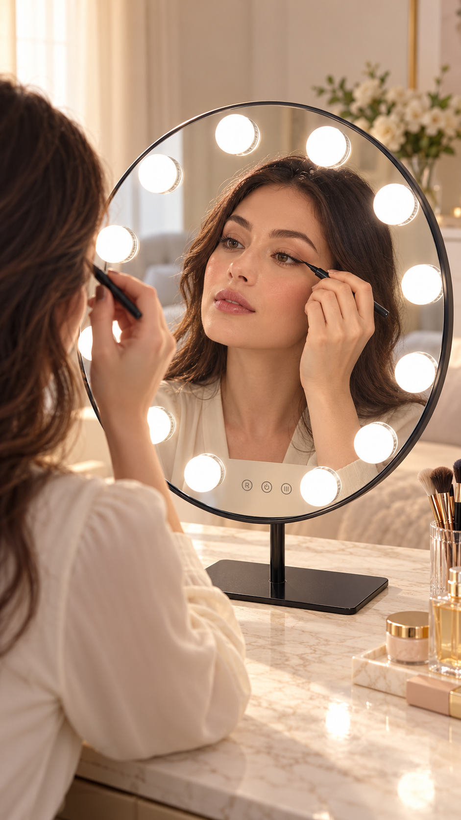 AI-staged scene of a woman applying eyeliner using the Antonia Hollywood LED makeup mirror