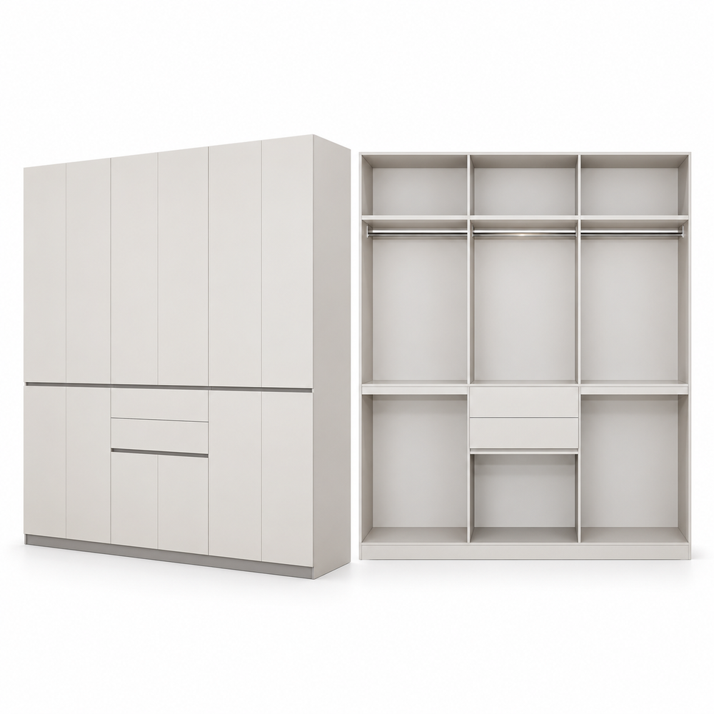 Riozetara white wardrobe showing closed doors alongside an interior view with shelves and hanging rails