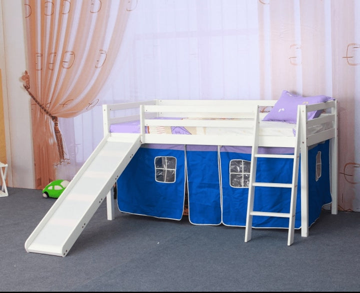 Chiang Mai Kids Pine Cabin Bed with Slide &amp; Blue Play Tent – White