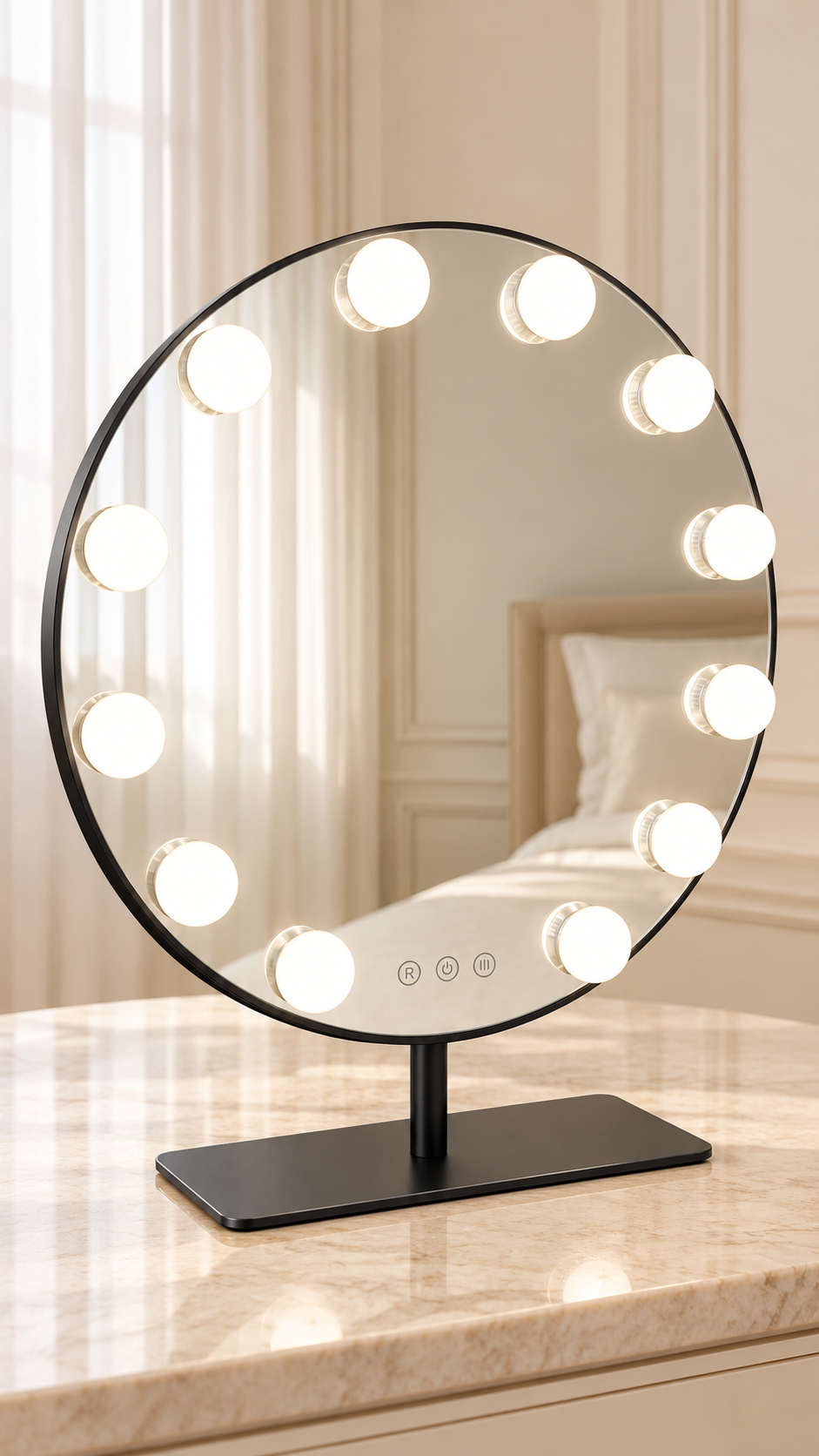 Antonia black Hollywood LED makeup mirror with 12 bulbs on a stone dressing table