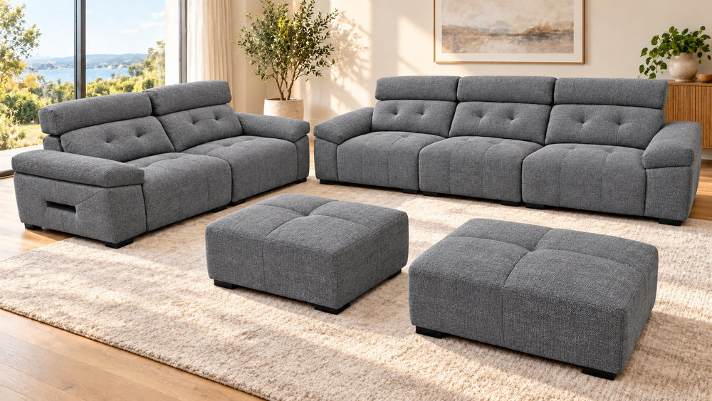 William 3-seater + 2-seater + 2 ottomans in a living room — Monelli 10 — Charcoal Grey