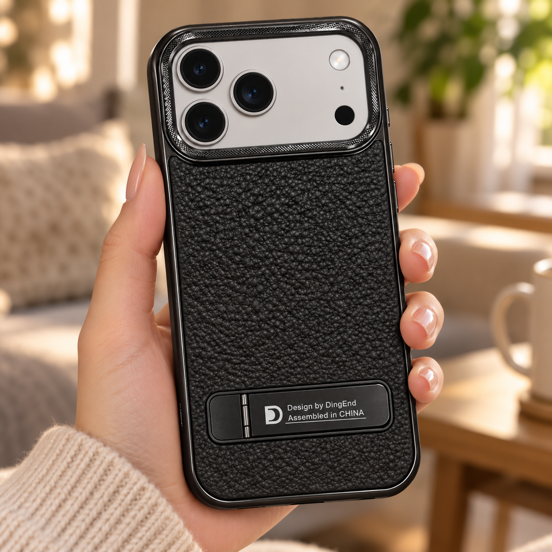 Illustration of hand holding phone with black case; phone not included