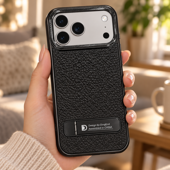 Illustration of hand holding phone with black case; phone not included