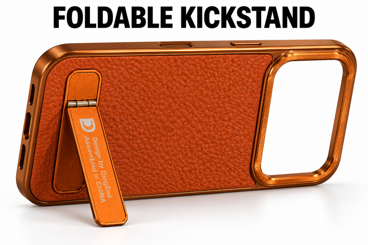Folding kickstand extended on orange-brown iPhone 17 Pro Max case
