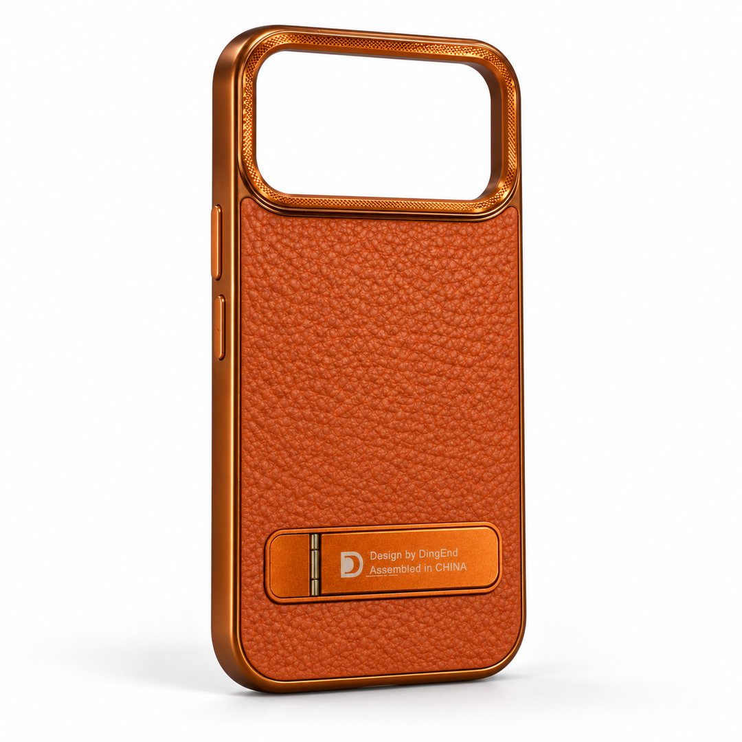 Angled view of textured orange-brown iPhone 17 Pro Max case