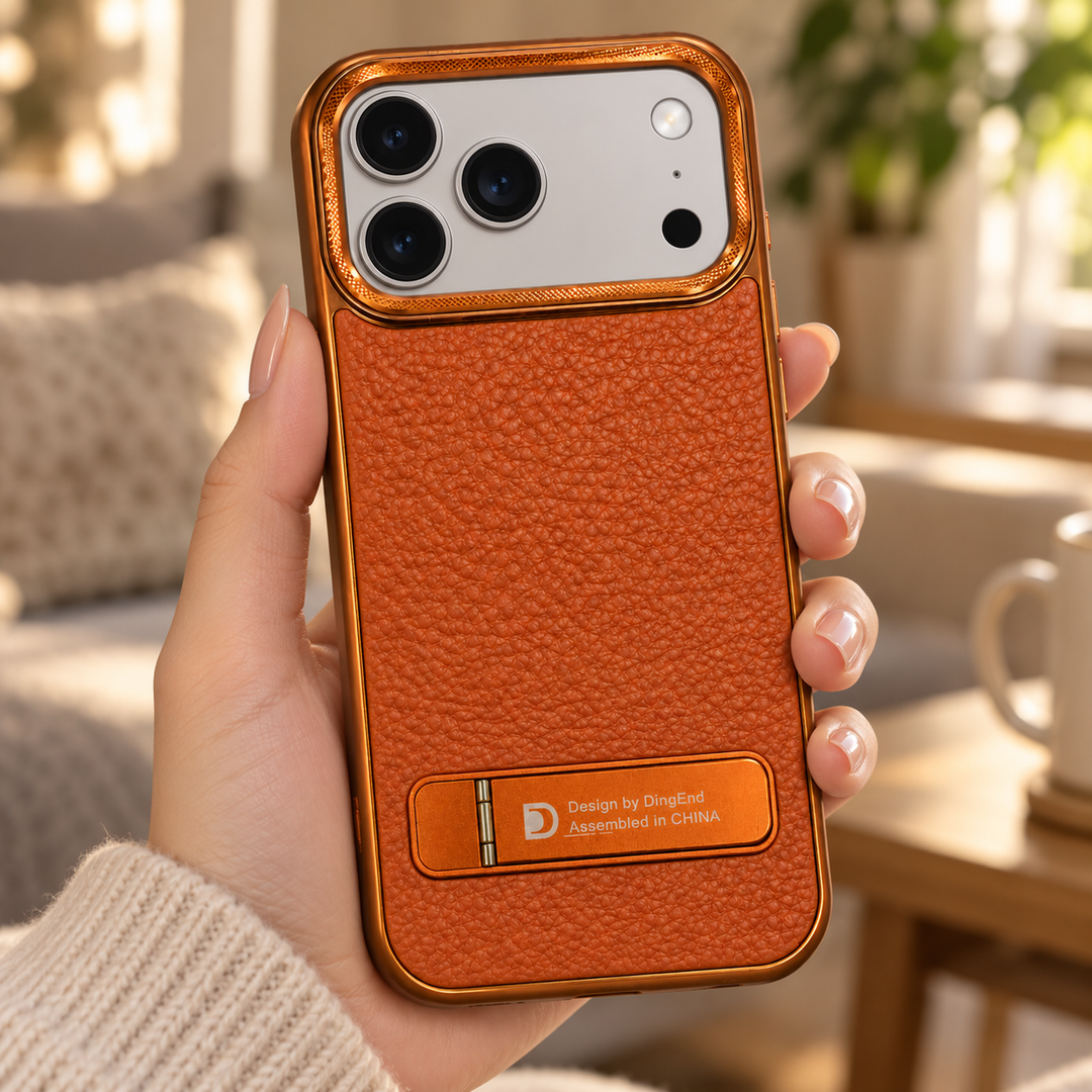 Illustrated hand holding phone fitted with orange-brown textured case; phone not included