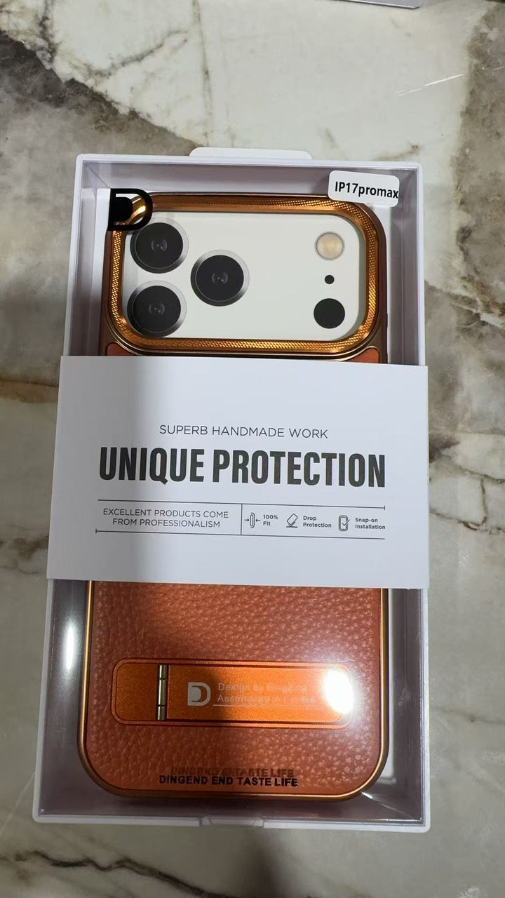 iPhone 17 Pro Max orange-brown kickstand case retail packaging