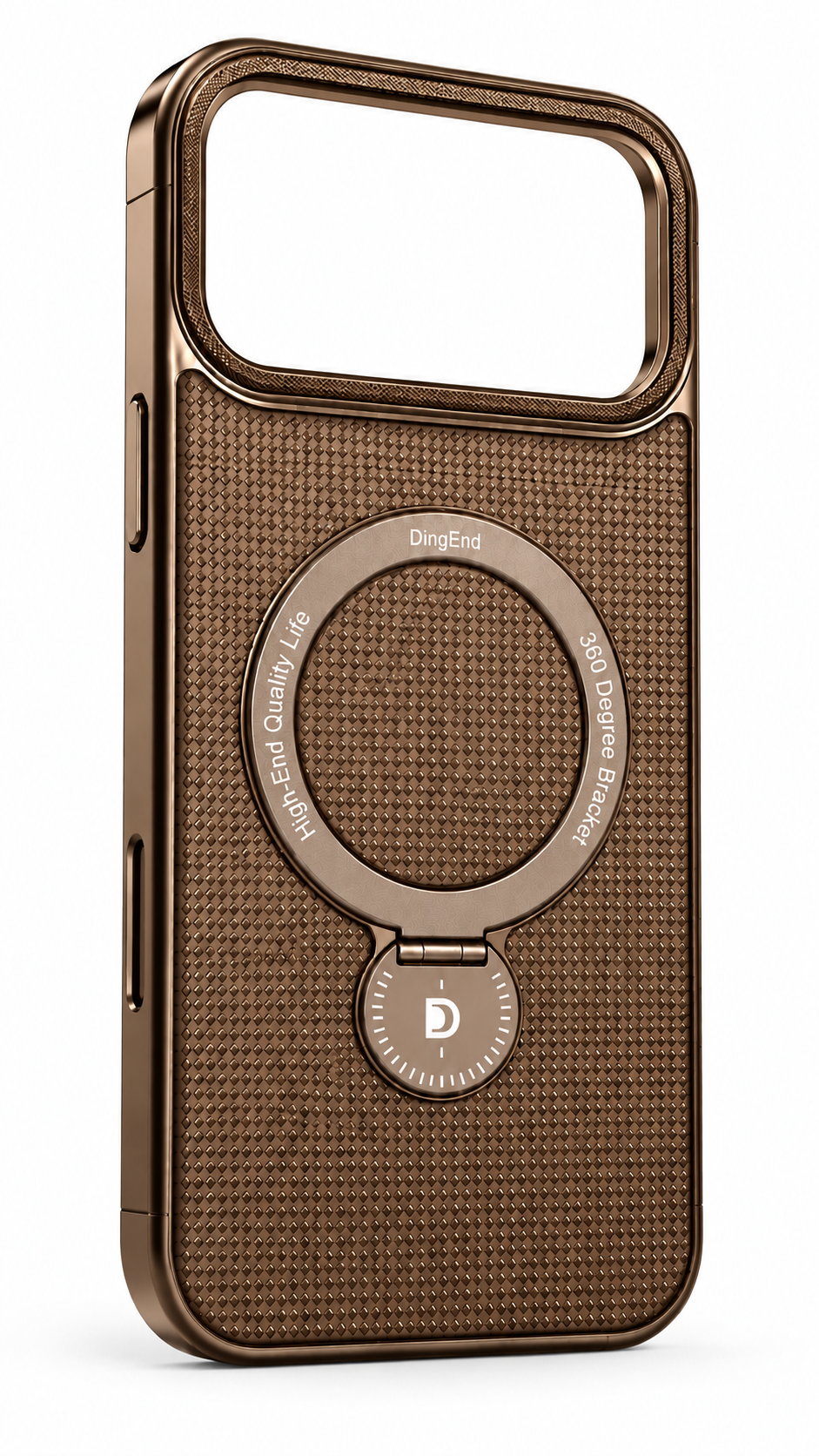 Brown-gold iPhone 17 Pro Max diamond-texture ring stand case