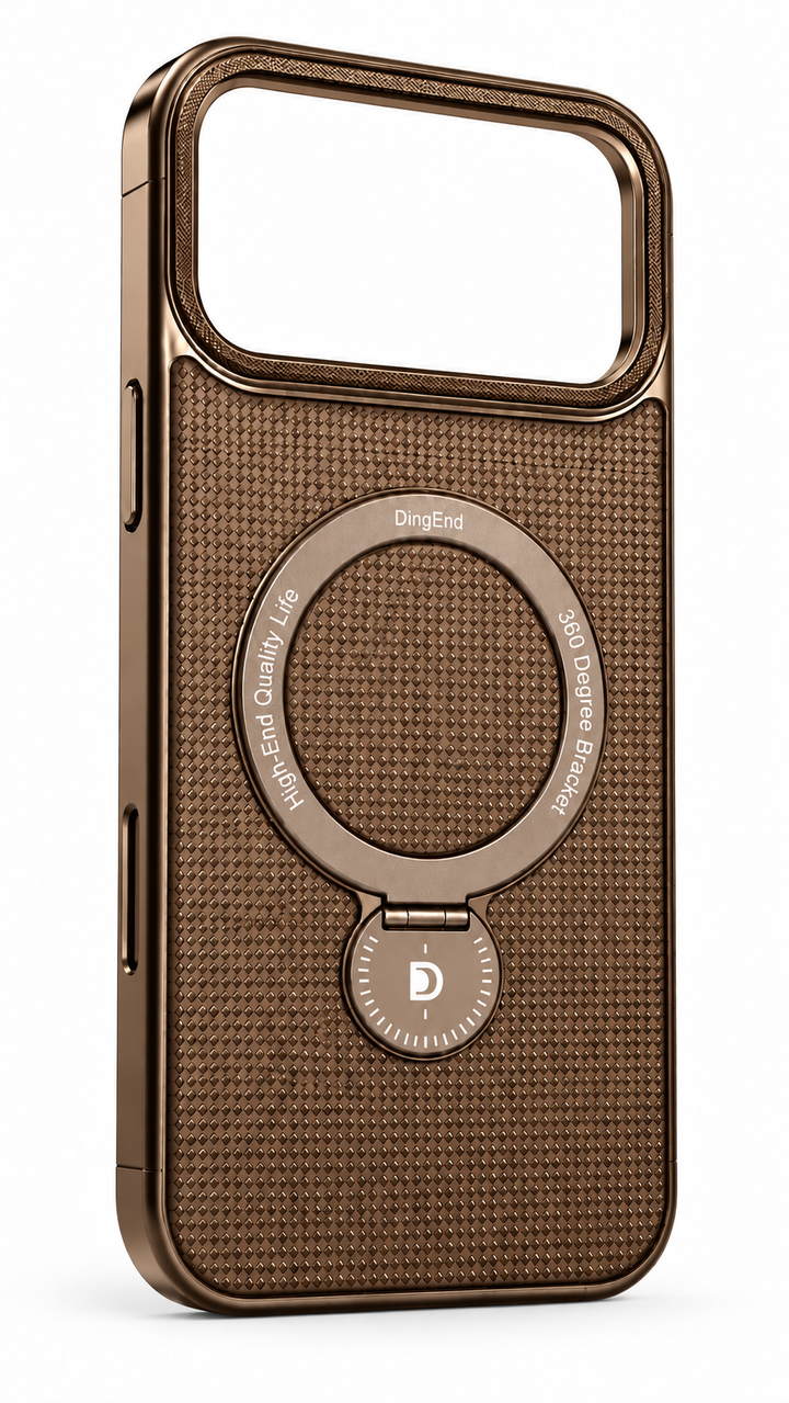 Brown-gold iPhone 17 Pro Max diamond-texture ring stand case