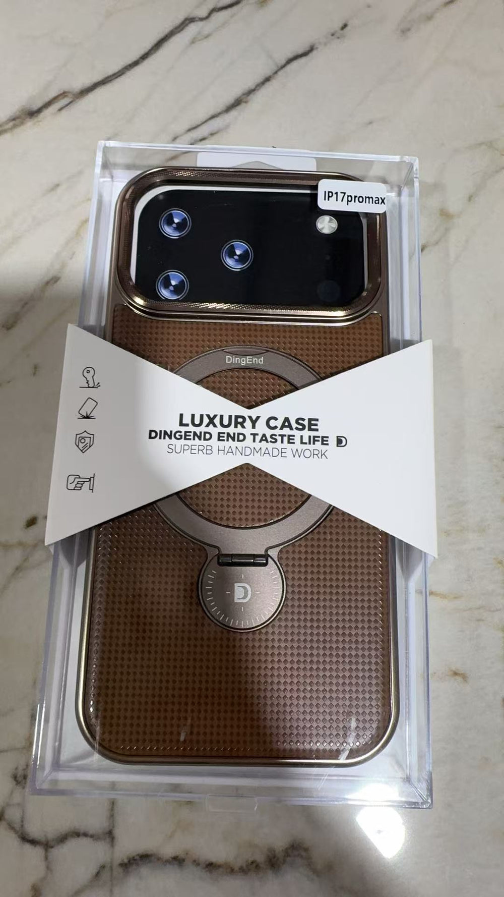 Actual retail packaging of brown-gold iPhone 17 Pro Max RING case