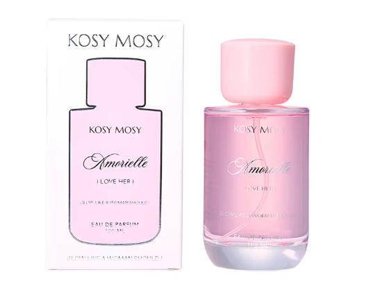 Amorielle pink perfume bottle and matching white and pink Kosy Mosy packaging