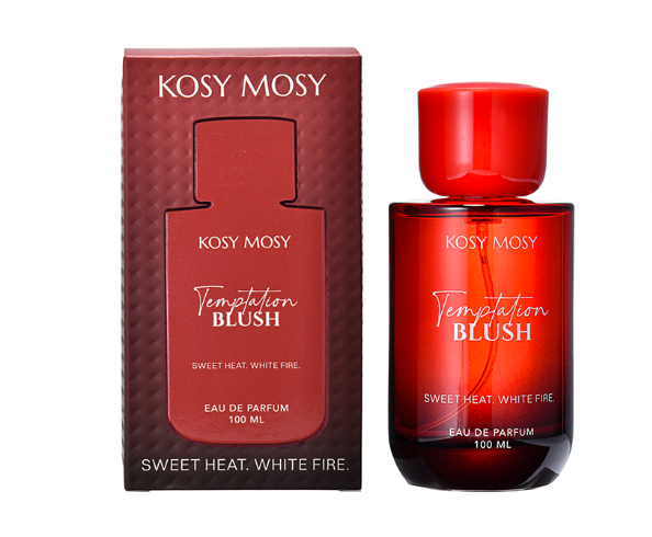 Temptation Blush perfume in a red glass bottle with red cap beside a burgundy box