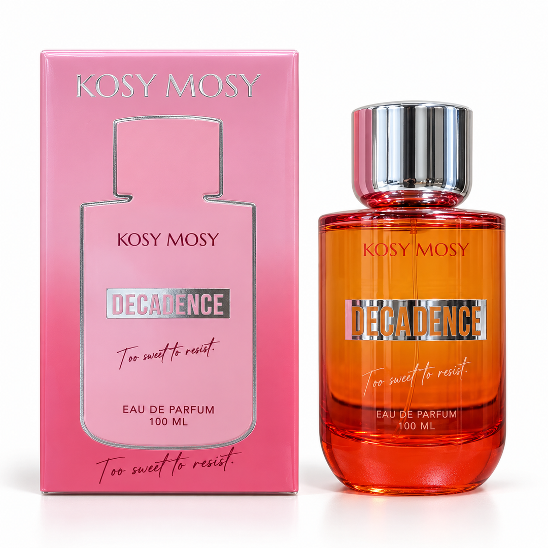 Decadence perfume in an amber coloured bottle with silver coloured cap beside a pink box