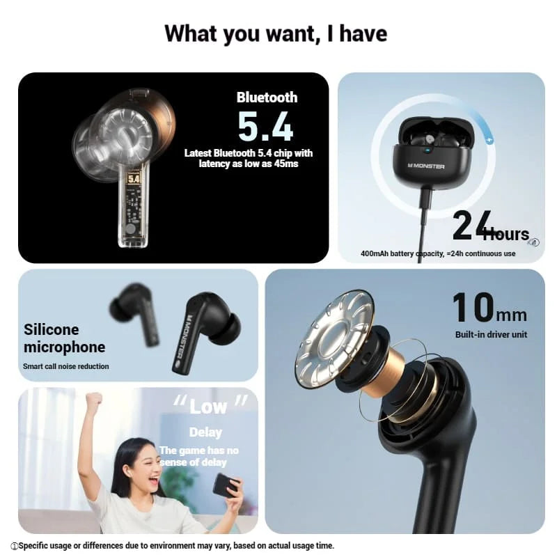 Monster GT16 True Wireless Bluetooth Earbuds with Charging Case – Black