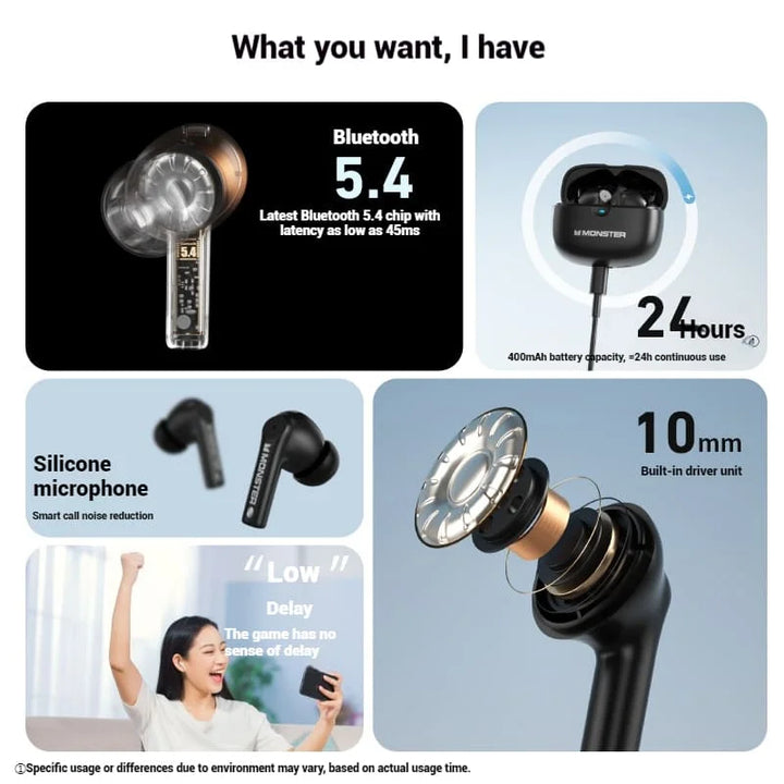 Monster GT16 True Wireless Bluetooth Earbuds with Charging Case – Black