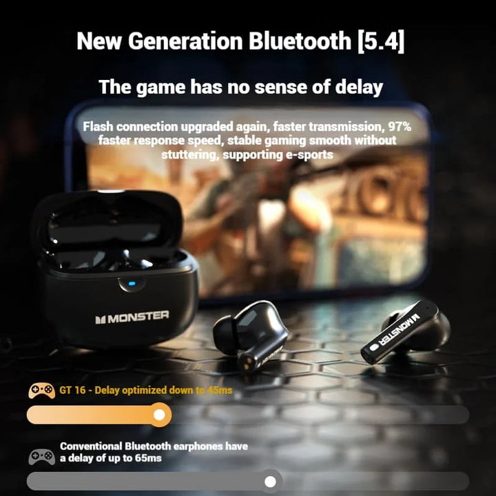 Monster GT16 True Wireless Bluetooth Earbuds with Charging Case – Black