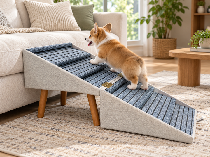 Dog using large pet steps beside a sofa