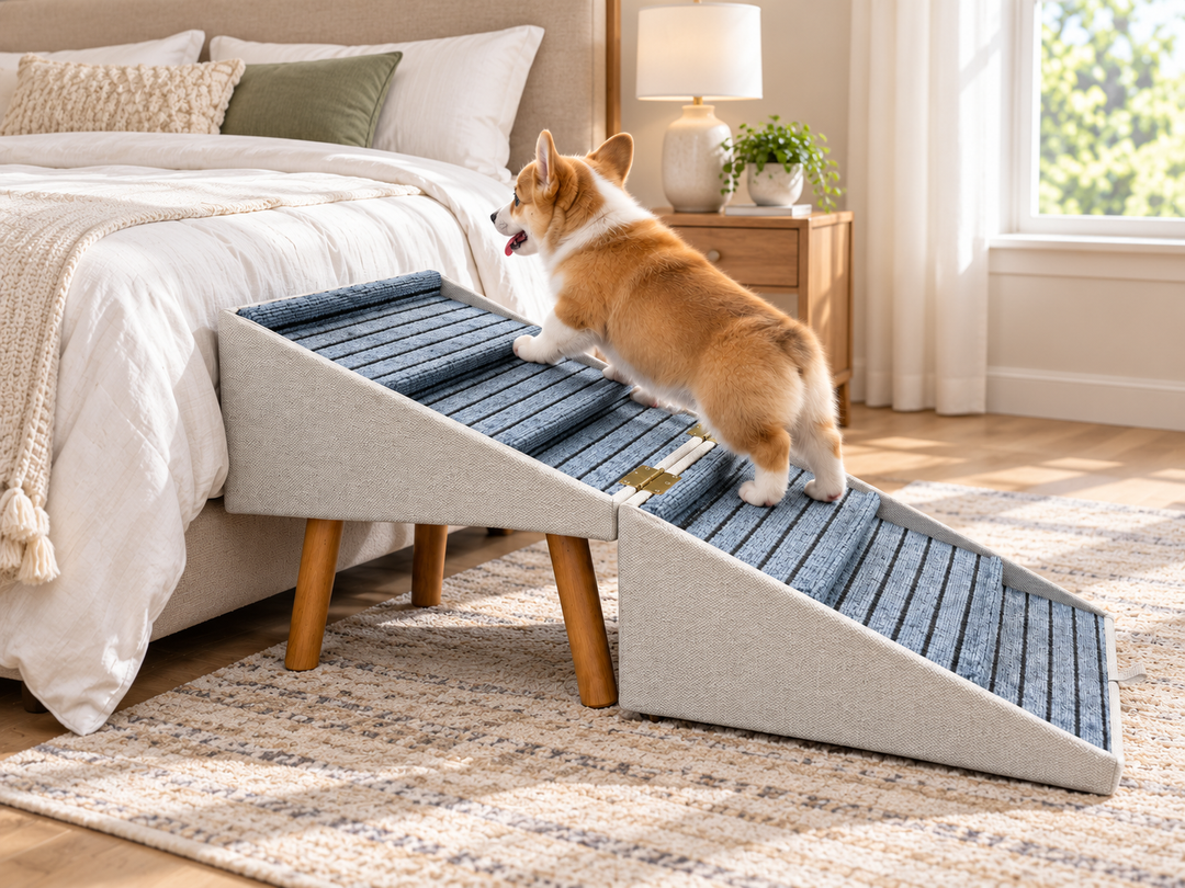 Dog using large pet steps beside a bed