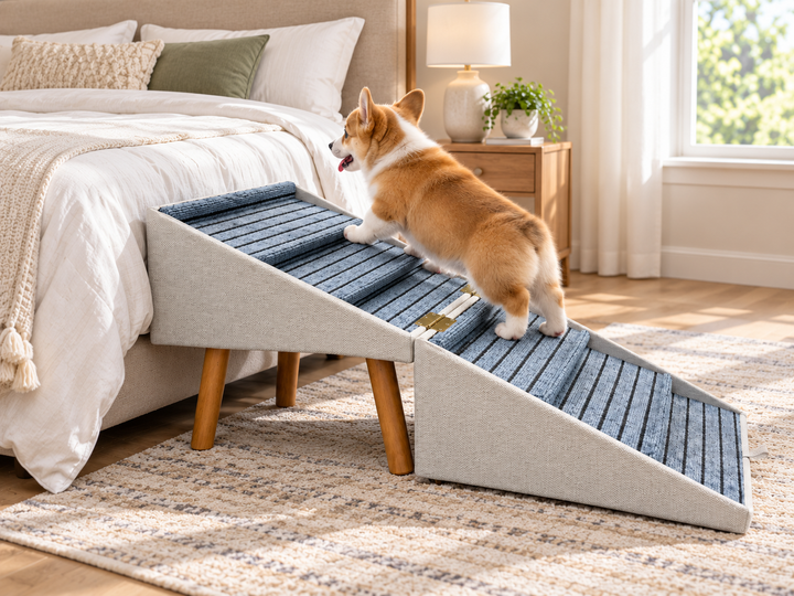 Dog using large pet steps beside a bed