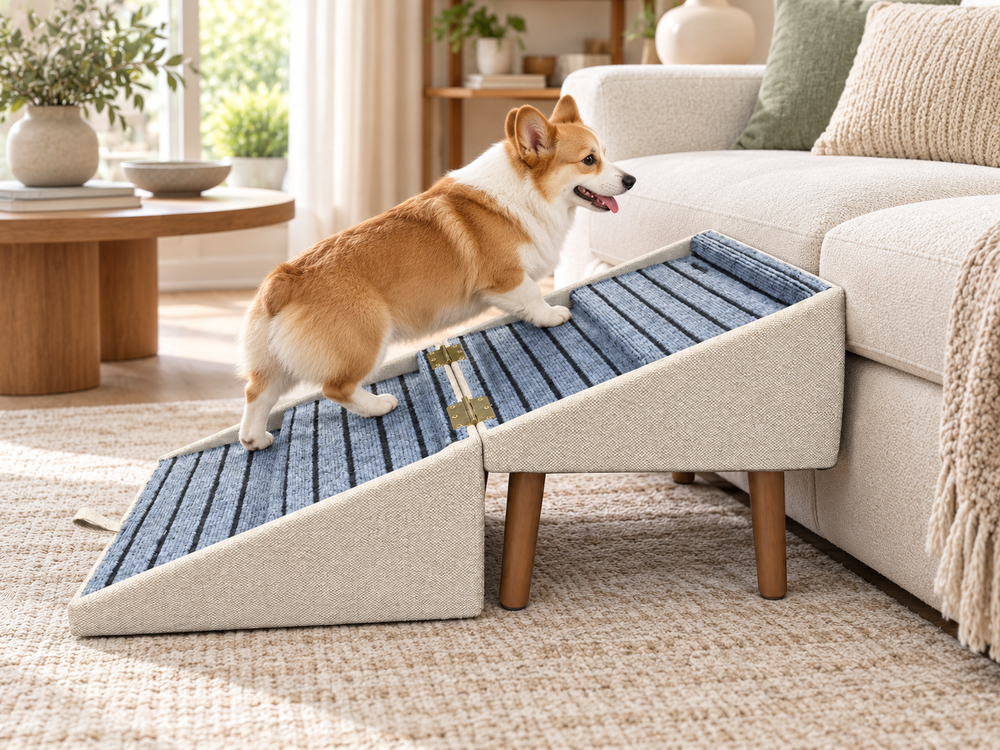 Small dog using folding pet steps by sofa