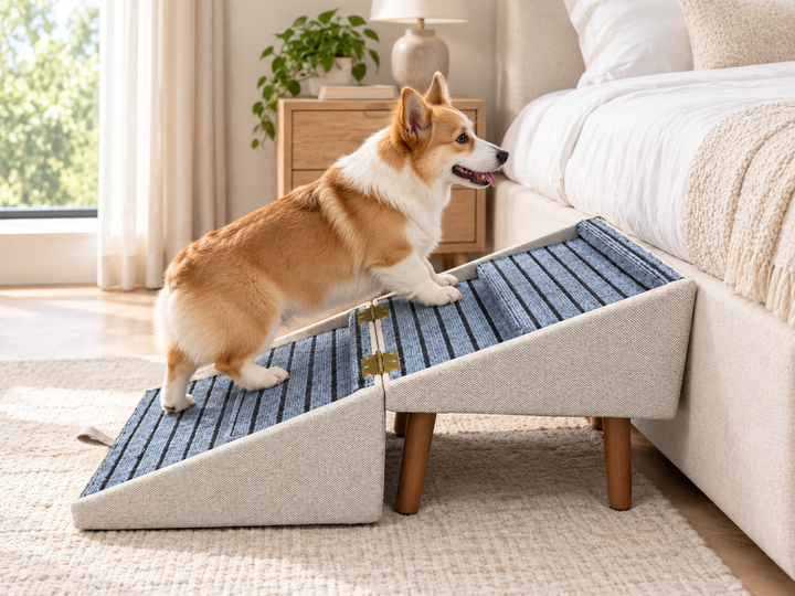 Small dog using folding pet steps by bed