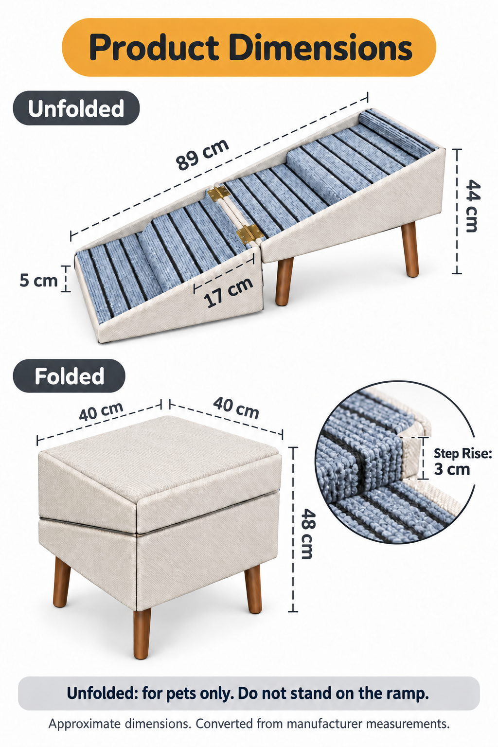 Folding pet steps dimensions in centimetres