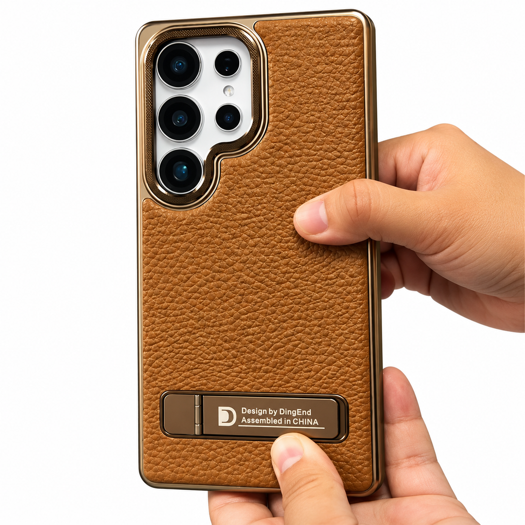 Brown textured phone case with folding kickstand