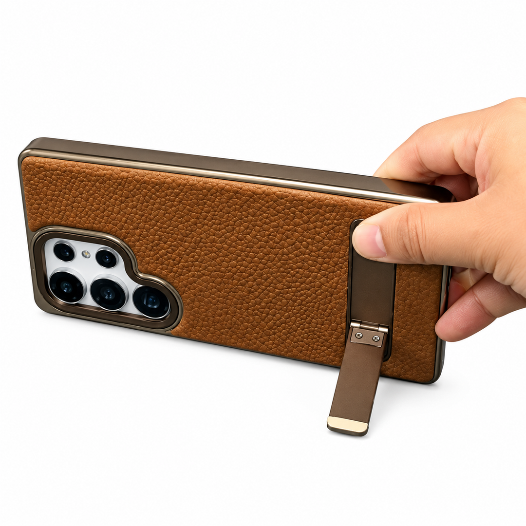 Brown textured phone case with folding kickstand