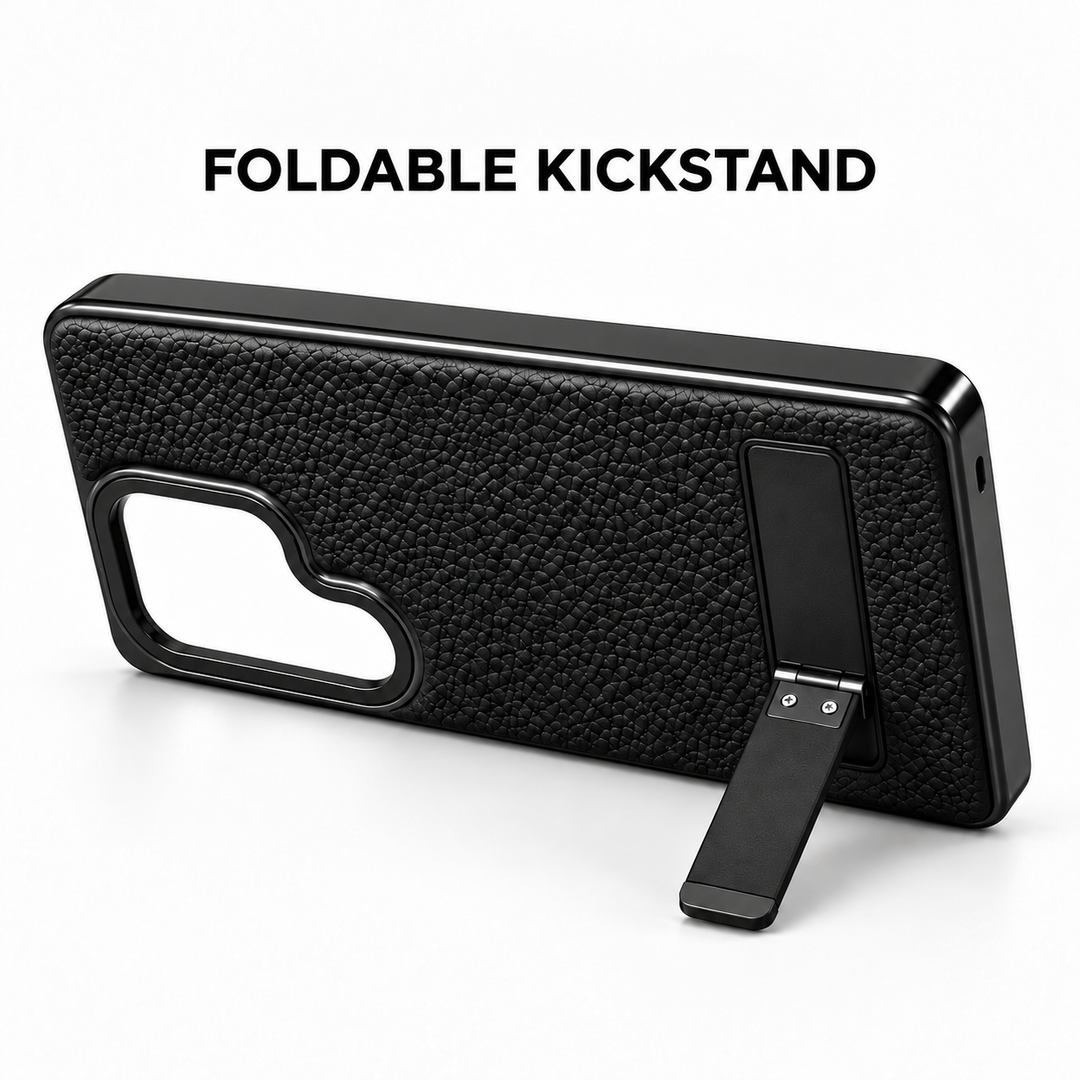 Black textured case with folding kickstand and empty camera opening