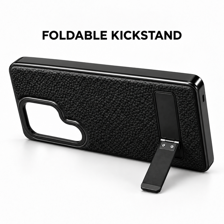 Black textured case with folding kickstand and empty camera opening