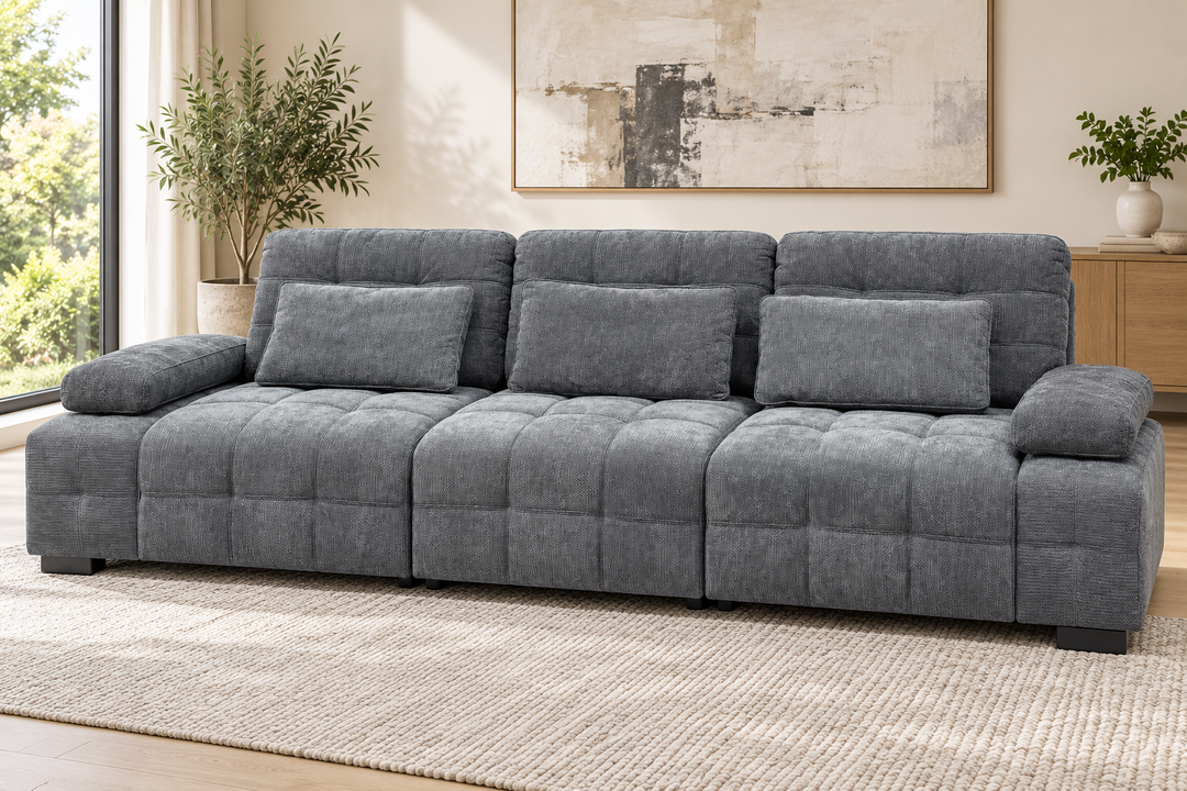 Alexander three-seat sofa in a living room — showroom grey upholstery
