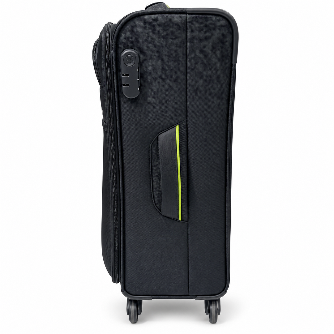 American Tourister charcoal suitcase side view with handle and lock