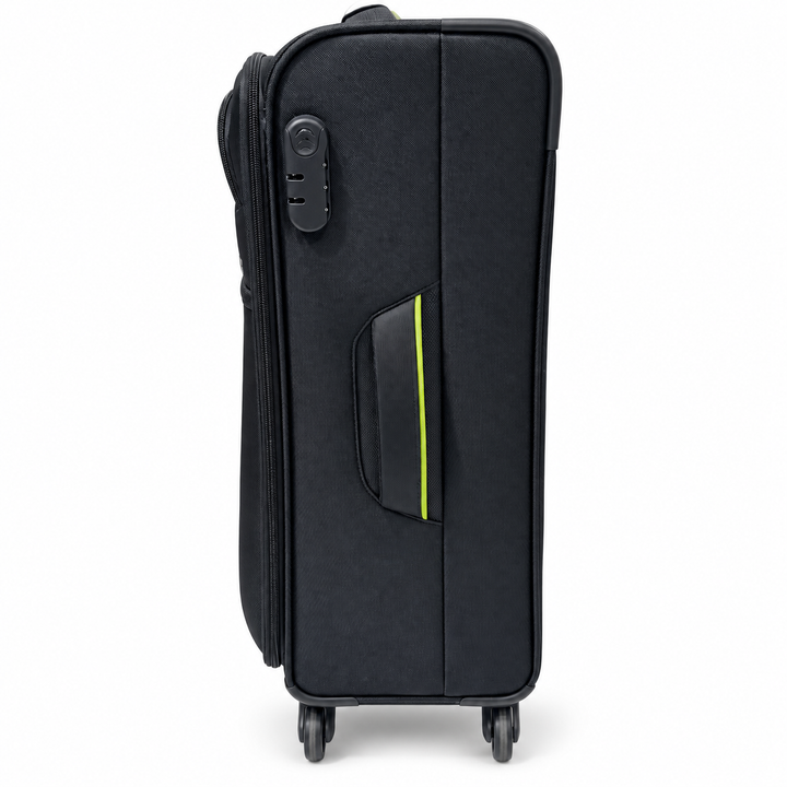 American Tourister charcoal suitcase side view with handle and lock