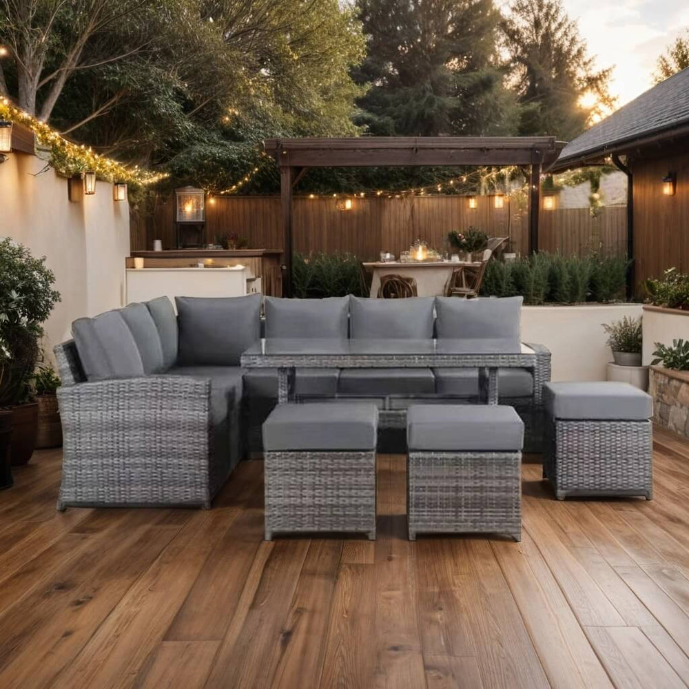 BOWIE grey six-piece outdoor sofa dining set on a deck