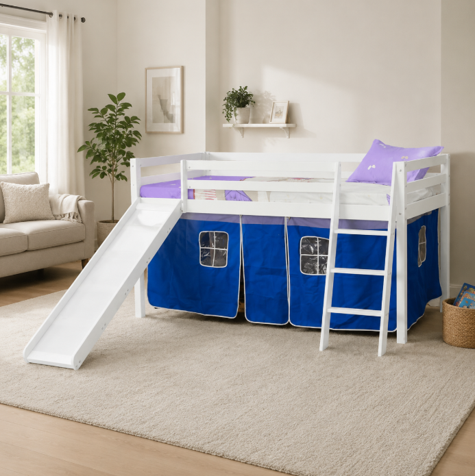Chiang Mai Kids Pine Cabin Bed with Slide &amp; Blue Play Tent – White